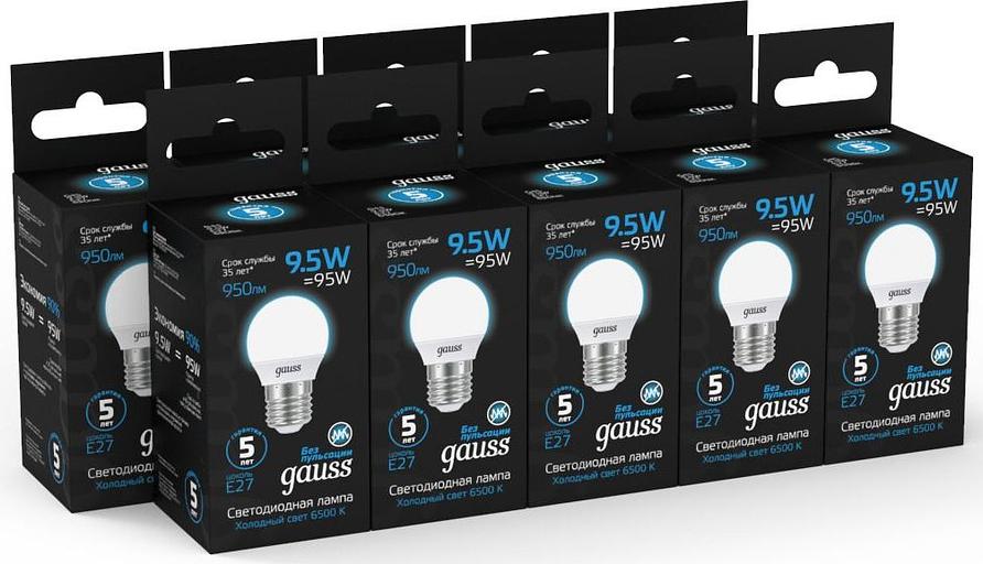 Лампа светодиодная Gauss 105102310 9.5Вт цок.:E27 шар 220B 6500K св.свеч.бел.хол. (упак.:10шт) фото 5