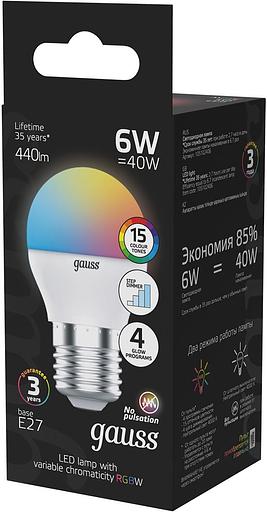 Лампа светодиодная Gauss 105102406 6Вт цок.:G45 шар 175B св.свеч.RGB (упак.:1шт) фото 4