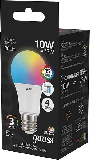 Лампа светодиодная Gauss 102102410 10Вт цок.:E27 груша 220B св.свеч.RGB A60 (упак.:1шт) фото 4