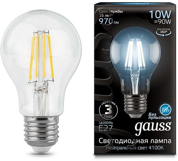 Лампа филам. Gauss Filament A60 10Вт цок.:E27 груша 220B 4100K св.свеч.бел.нейт. (упак.:1шт) (102802210) фото 1