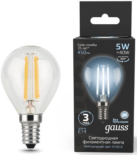 Лампа филам. Gauss Filament 5Вт цок.:E14 свеча 220B 4100K св.свеч.бел.нейт. (упак.:1шт) (105801205) фото 1