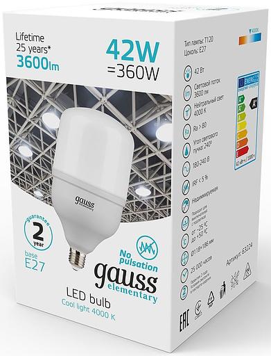 Лампа светодиодная Gauss Elementary T120 42Вт цок.:E27 цилин. 220B 3600K св.свеч.бел.нейт. (упак.:1шт) (63224) фото 3