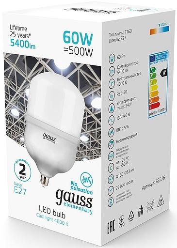 Лампа светодиодная Gauss Elementary T160 60Вт цок.:E27 цилин. 220B 4000K св.свеч.бел.нейт. (упак.:1шт) (63226) фото 3