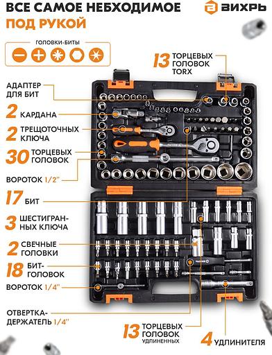 Набор инструментов Вихрь 1/2", 1/4", CrV 108 предметов (жесткий кейс) фото 3