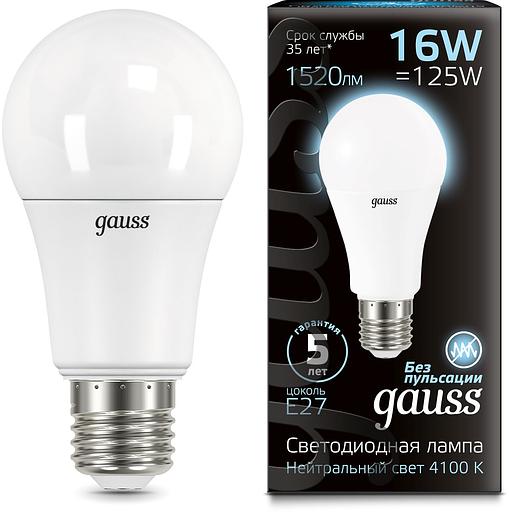 Лампа светодиодная Gauss A60 16Вт цок.:E27 груша 220B 4100K св.свеч.бел.нейт. (упак.:1шт) (102502216) фото 1
