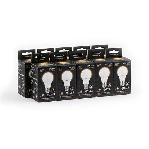 Лампа светодиодная Gauss A60 10Вт цок.:E27 шар 220B 3000K св.свеч.бел.теп. A60 (упак.:10шт) (102502110) фото 3