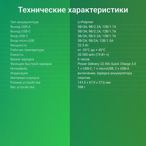 Мобильный аккумулятор Digma DGPF20B 20000mAh QC3.0/PD3.0 22.5W 3A 2xUSB-A/USB-C черный (DGPF20B22PBK) фото 6