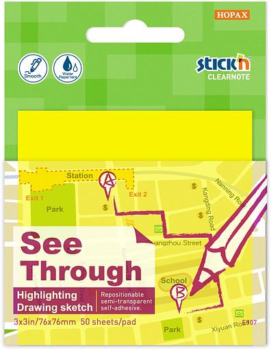 Блок самоклеящийся пластиковый Stick`n Clearnote 21709 76x76мм 50лист. желтый неон прозрачный фото 1