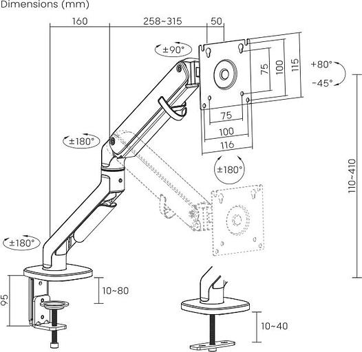 Кронштейн для мониторов Ultramounts UM734BL серый/черный 17"-27" макс.7кг крепление к столешнице поворот и наклон фото 8