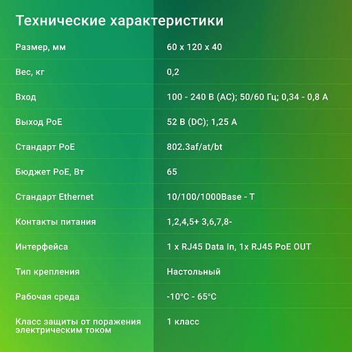 Инжектор PoE Digma DNP65W52GTXP 10/100/1000BASE-T 65Вт 100-240В(АС) фото 5