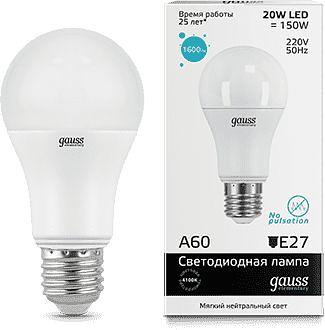 Лампа светодиодная Gauss Elementary A60 20Вт цок.:E27 груша 220B 4100K св.свеч.бел.нейт. A60 (упак.:1шт) (23229) фото 1