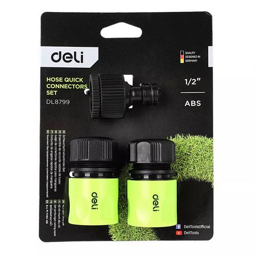 Набор соединителей для поливочных шлангов 3 шт 1/2" Deli DL8799 1/2" быстросъемный коннектор с аквастопом, 1/2" быстросъемный коннектор, штуцер 1/2"-3/4", ударопрочный пластик фото 2