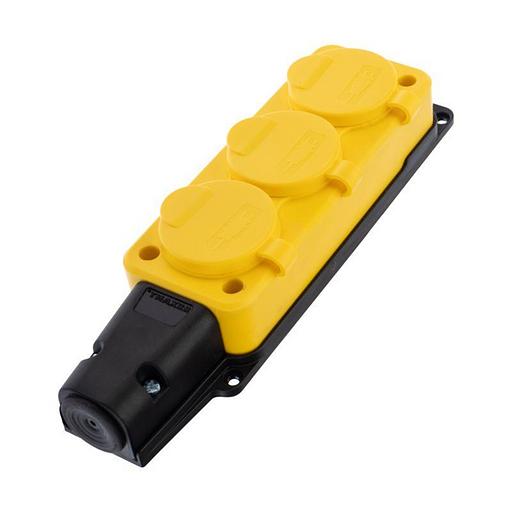 REXANT 111-126 Розетка каучуковая 3 гнезда с крышкой (колодка) желтая, с/з, 16А, IP54 фото 1