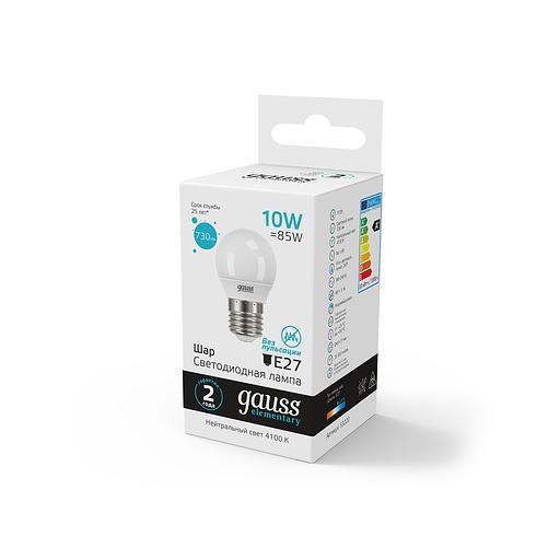Лампа светодиодная Gauss Elementary 10Вт цок.:E27 шар 220B 4100K св.свеч.бел.нейт. (упак.:1шт) (53220) фото 4
