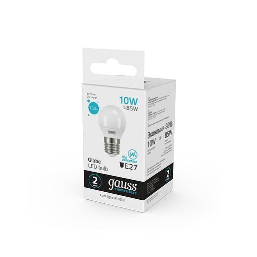 Лампа светодиодная Gauss Elementary 10Вт цок.:E27 шар 220B 4100K св.свеч.бел.нейт. (упак.:1шт) (53220) фото 5