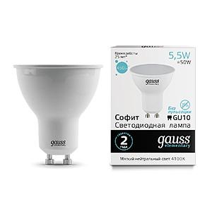 Лампа светодиодная Gauss 5.5Вт цок.:GU10 рефлек. 220B 4100K св.свеч.бел.нейт. MR16 (упак.:1шт) (13626) фото 2
