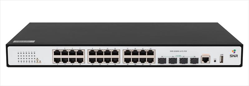 Коммутатор Управляемый PoE коммутатор уровня 2, 24 порта 10/100/1000Base-T с поддержкой PoE, 4 порта 1/10G SFP+, PoE 370 Ватт (SNR-S2989G-24TX-POE) фото 1