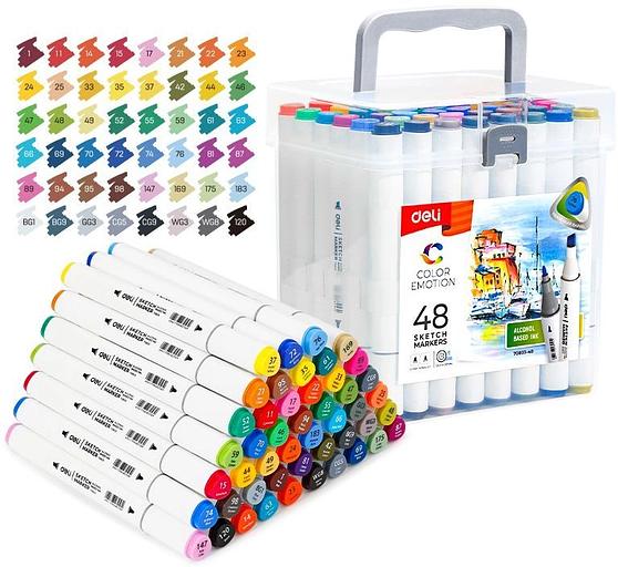 Набор маркеров для скетчинга Deli E70803-48 Color Emotion 11мм 150мм трехгр. двойной пиш. наконечник 1-7мм 48цв. ассорти пластиковая коробка (48шт.) фото 1