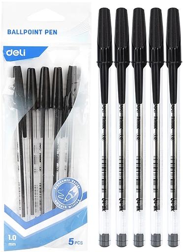 Набор ручек шариков. Deli Think EQ4-MT-BK прозрачный/черный d=1мм черн. черн. индив. пак.ев. (5шт) кругл. фото 1