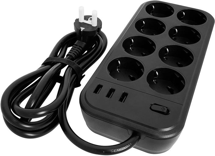 Сетевой фильтр Powercom SP-08 USB03AB 3,0 m 3.0м (8 розеток) черный (коробка) фото 2