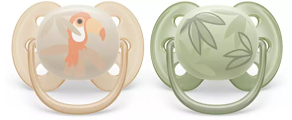 Пустышка ultra soft, попугай/листочки, 0-6 мес., 2 шт. Philips SCF091/07 фото 2