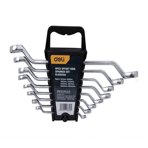 Ключи Deli Набор накидных изогнутых гаечных ключей 8 шт Deli DL150008A размеры 6x7, 8x9, 10x11, 12x13, 14x15, 16x17, 18x19, 20x22 мм, матовая хромированная поверхность, пластиковый кейс фото 1