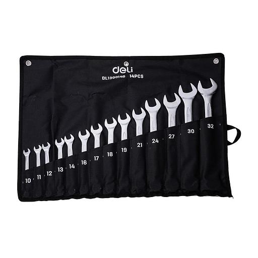 Ключи Deli Набор комбинированных гаечных ключей 14 шт Deli DL130014B размеры 10,11,12,13,14,16,17,18,19,21,24,27,30,32мм, матовая хромированная поверхность, чехол из ткани Оксфорд фото 1