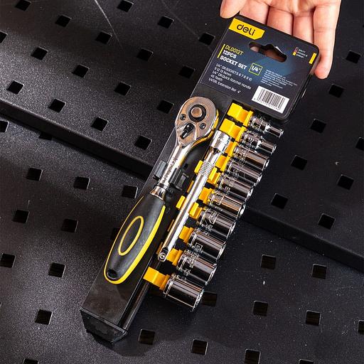 Ключи Deli Набор торцевых головок с трещоткой 12 предметов Deli DL0012T 1/4» (10 торцевых головок (5,6,7,8,9,10,11,12,13,14 мм), удлинитель, трещотка 45 зубьев, сталь 50BV30 фото 8