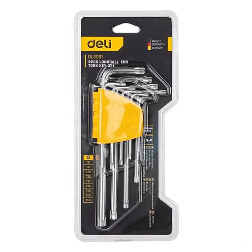 Ключи Deli «Набор шестигранных ключей «TORX" сверхдлинных Deli DL3091 9шт размеры Т10,Т15,Т20,Т25,Т27,Т30,Т40,Т45,Т50, пластиковый держатель фото 3