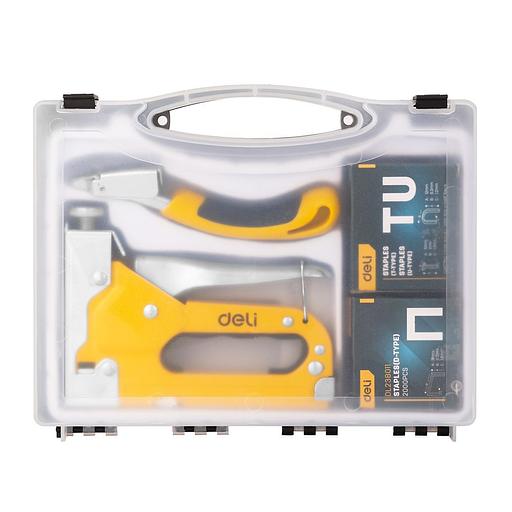 Степлеры, пистолеты, заклепочники Deli Мебельный степлер Deli DL238105 с набором скоб + антистеплер Набор: 2000шт D-тип. 2000шт Т-тип. 2000шт U-тип, 1шт скобоудалитель. фото 1