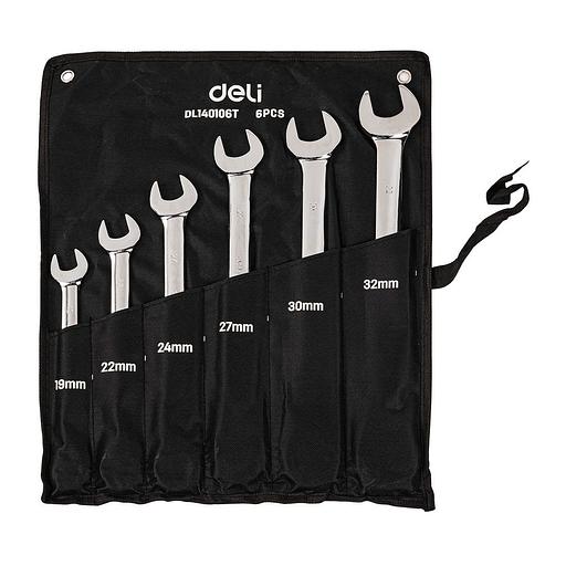 Ключи Deli Набор комбинированных ключей с трещоткой 6 шт Deli DL140106T (размеры 19,22,24,27,30,32мм, сталь 40Cr, трещотка 50BV30 72 зуба, чехол из ткани Оксфорд) фото 1