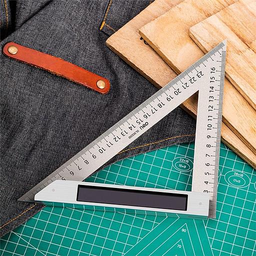 Измерительный и разметочный инструмент Deli Треугольная линейка стальная Deli DL303200 200мм, нержавеющая сталь + алюминиевое основание фото 2