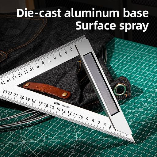 Измерительный и разметочный инструмент Deli Треугольная линейка стальная Deli DL303200 200мм, нержавеющая сталь + алюминиевое основание фото 3