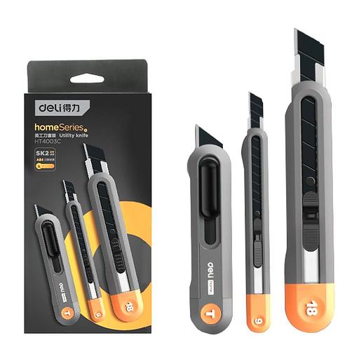 Нож Deli Набор технических ножей "Home Series Gray" Deli HT4003C (ножи 9мм+18мм+Т-образный), эксклюзивный дизайн, корпус из высококачественного софттач пластика фото 1