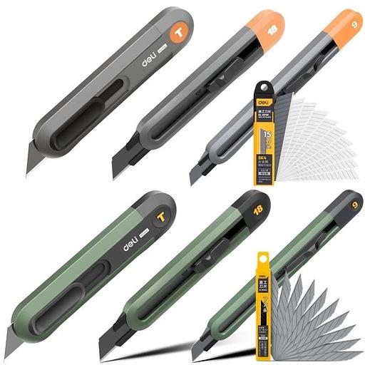 Нож Deli Набор технических ножей "Home Series Green" Deli HT4003L (ножи 9мм+18мм+Т-образный), эксклюзивный дизайн, корпус из высококачественного софттач пластика фото 10