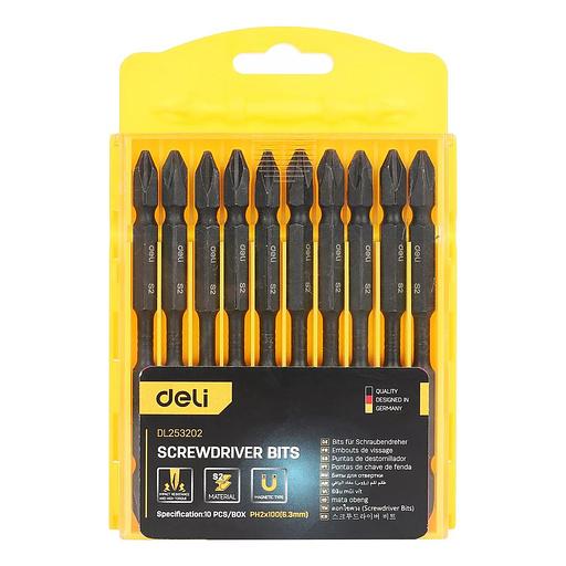 Набор оснастки Deli Набор двухсторонних торсионных бит для ударных шуруповертов 10 шт Deli DL253202 PH2*100мм, сталь S2, пласт.кейс фото 1