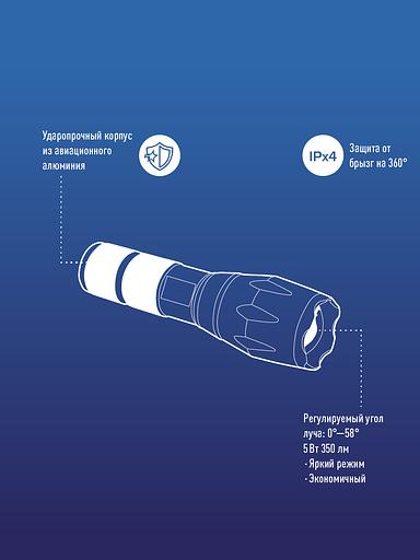 Фонарь ручной 5Вт Q5 LED, авиационный алюминий, питание 1*3.7V 18650 Li-on, 350Lm фото 7