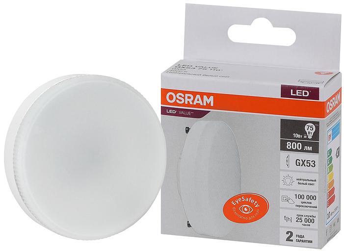Лампа светодиодная LED 10 Вт GX53 4000К 800Лм таблетка 220 В (замена 75Вт) OSRAM фото 1