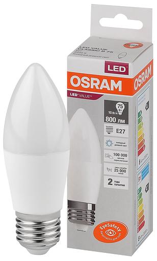 Лампа светодиодная LED 10 Вт E27 6500К 800Лм свеча 220 В (замена 75Вт) OSRAM фото 1