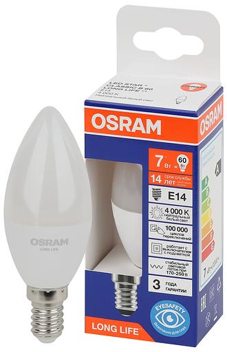 Лампа светодиодная LED 7Вт Е14 4000К 600Лм свеча 220В (замена 60Вт) OSRAM фото 1