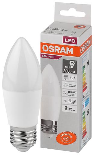Лампа светодиодная LED 10 Вт E27 4000К 800Лм свеча 220 В (замена 75Вт) OSRAM фото 1