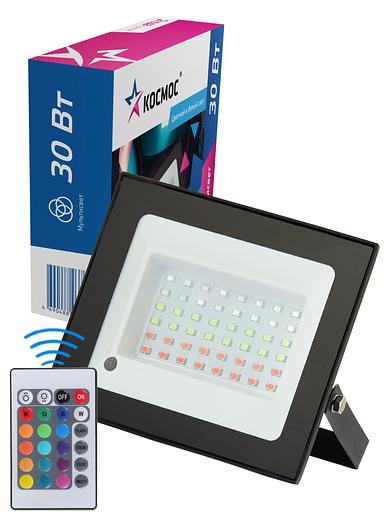 Прожектор светодиодный 30Вт, RGB с пультом, IP65, КОСМОС фото 1