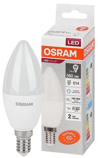 Лампа светодиодная LED 7 Вт E14 6500К 560Лм свеча 220 В (замена 60Вт) OSRAM фото 1