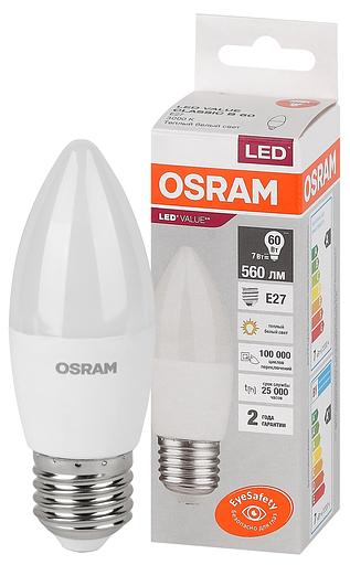 Лампа светодиодная LED 7 Вт E27 3000К 560Лм свеча 220 В (замена 60Вт) OSRAM фото 1