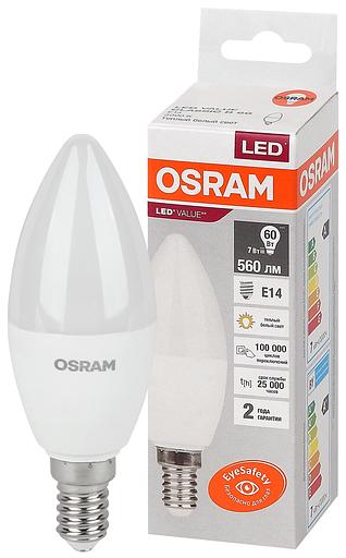 Лампа светодиодная LED 7 Вт E14 3000К 560Лм свеча 220 В (замена 60Вт) OSRAM фото 1