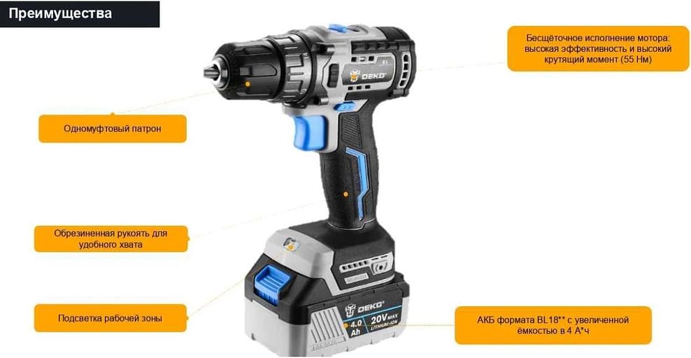 Дрель-шуруповерт Deko Loner 20V One аккум. (085-1004) фото 2