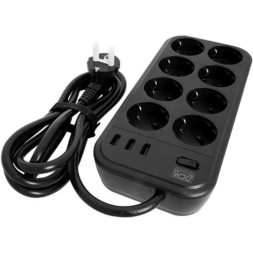 Фильтр-удлинитель PowerCom SP-08 USB03AB 1.8M, 8 розеток, черный, 16А, 4кВт, 175Дж, 3*USB, защитные шторки, защита от КЗ, перегрузки, ВЧ и импульсных помех, кабель 3x1 мм2, ШхГхВ 230х105х45 мм, вес 0.55 кг. Powercom SP-08 USB03AB 1.8M фото 2