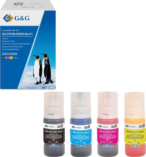 Чернила G&G GG-GT51BK/52CMY-45ml*4 GT51/52 голубой/пурпурный/желтый/черный набор 4x45мл для HP Ink Tank 115/310/315/318/319/515/615;Wireless 410/415/416/418/419;GT 5810/5820/5812/5822 фото 1
