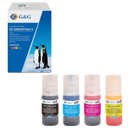 Чернила G&G GG-103BKCMY-45ml*4 103BKCMY голубой/пурпурный/желтый/черный набор 4x45мл для Epson EcoTank L1110/1210/1250/3110/3111/3116/3150/3151/3156/3160/3210/3211/3250/3251/3256/3260/3266/5190/5290/5296 фото 1