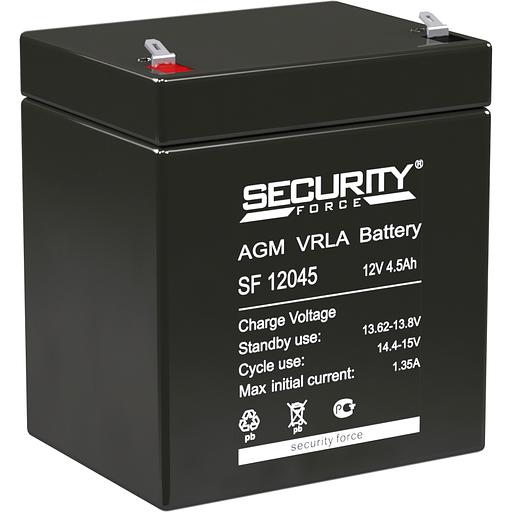 Батарея SECURITY FORCE серия SF, SF 12045, напряжение 12В, емкость 4.6Ач (разряд 20 часов), макс. ток разряда (5 сек.) 60А, макс. ток заряда 1.35А, свинцово-кислотная типа AGM, клеммы F1, ДxШxВ 90х70х101мм., вес кг., срок службы 3-5 лет. Delta Security F фото 1